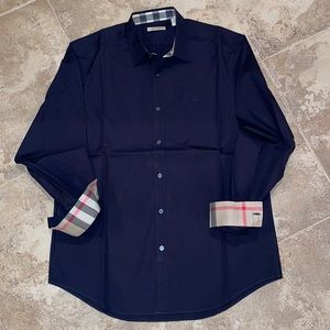 Men’s Burberry Button Up Check Dress Shirt L Navy